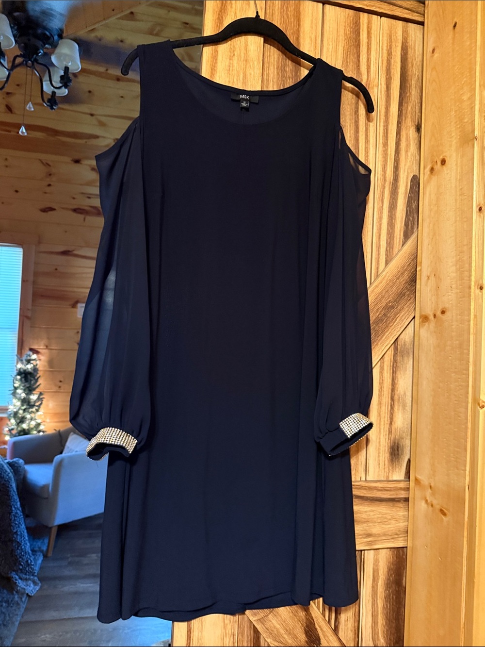 MSK Navy Cold-Shoulder Long Sleeve Dress with Rhinestone Cuffs